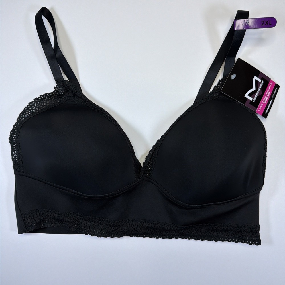 Maidenform Lace Trim Triangle Rib Wireless Stretch Bralette Black 2XL DM2322